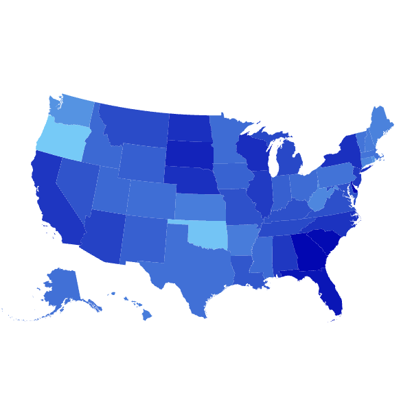 US map, colored by average happiness